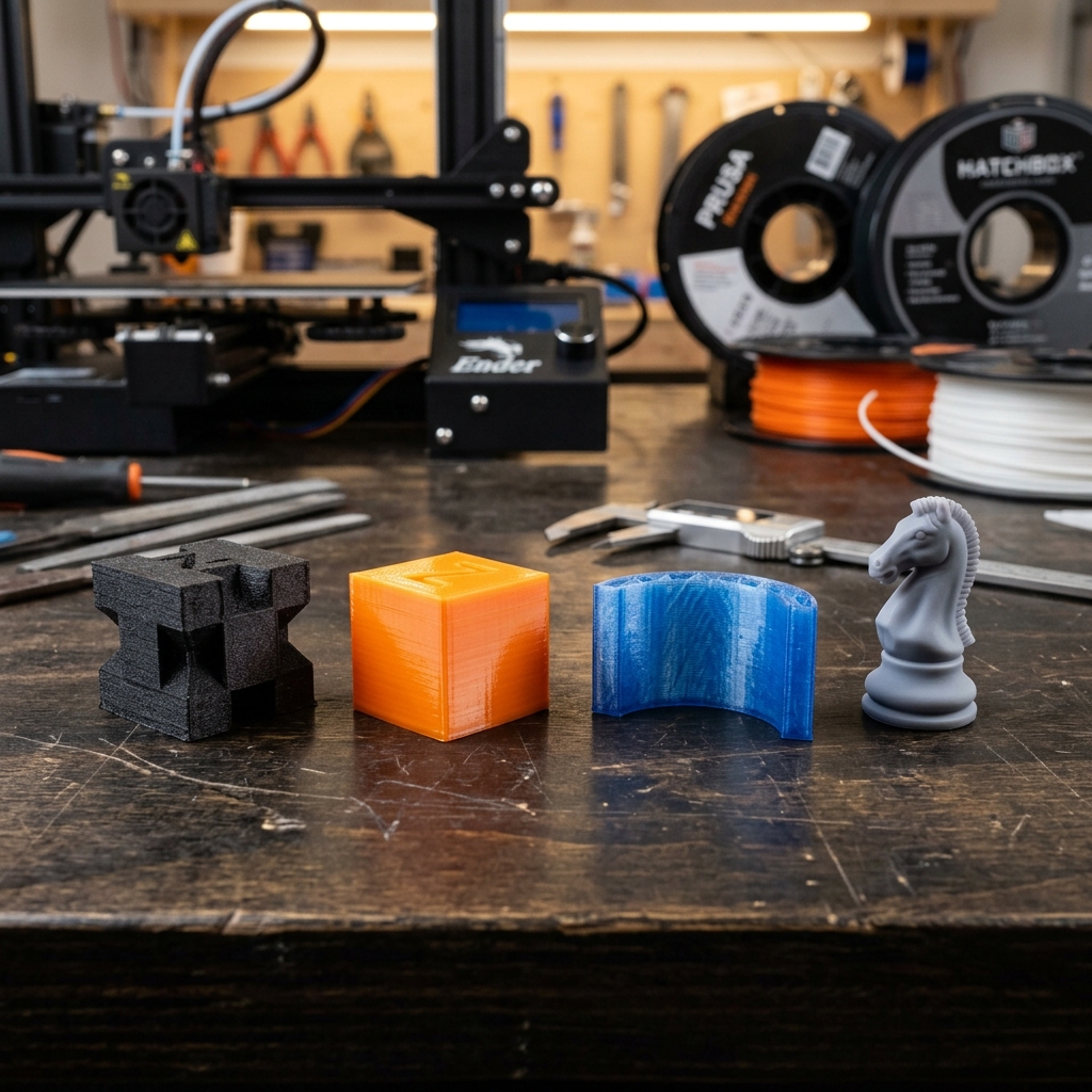 Various samples of 3D printing materials and finished parts on a workbench