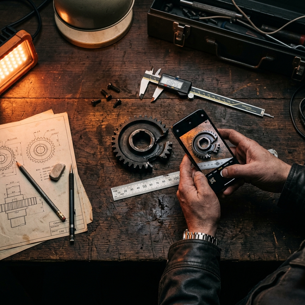 Taking a photo of a broken mechanical gear next to a ruler with a phone camera