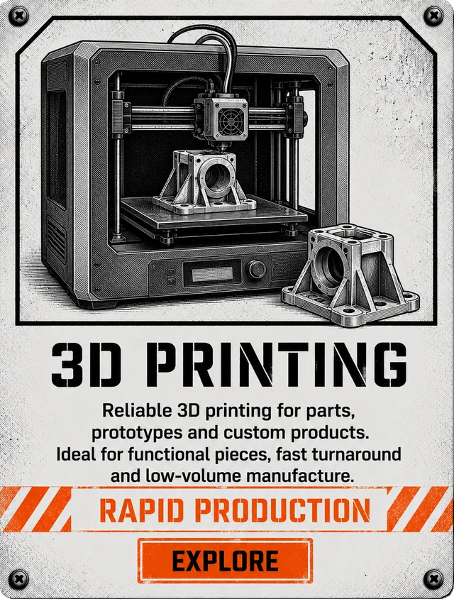 3D printing for replacement parts, prototypes, gifts and finished workshop pieces. Explore.