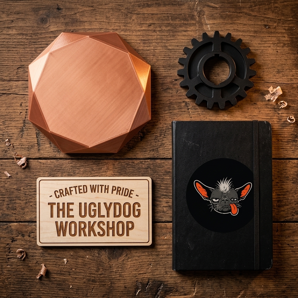 A collection of custom-made objects on a workshop table with an uglydog circular logo sticker on a notebook