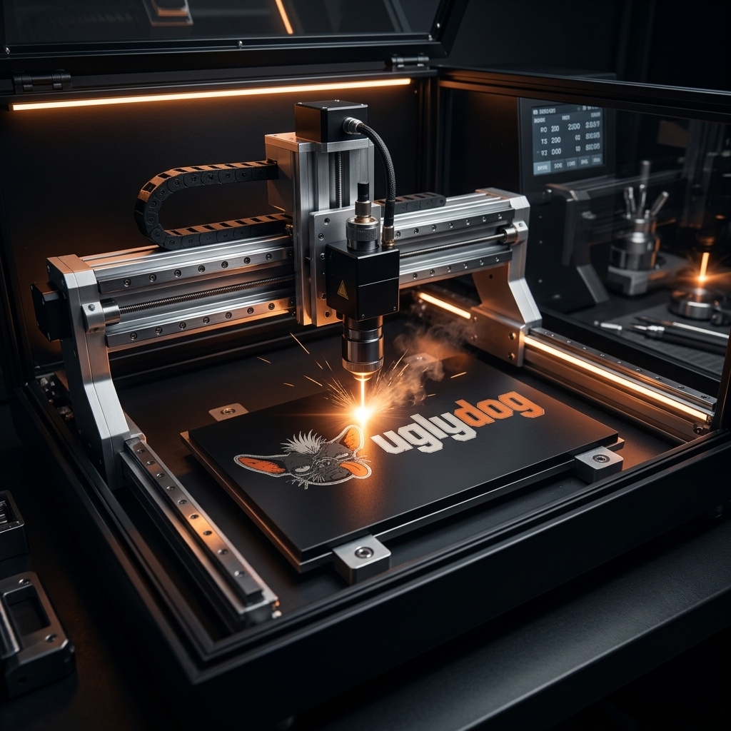 Laser cutter and engraver detailing a black plaque inside the workshop