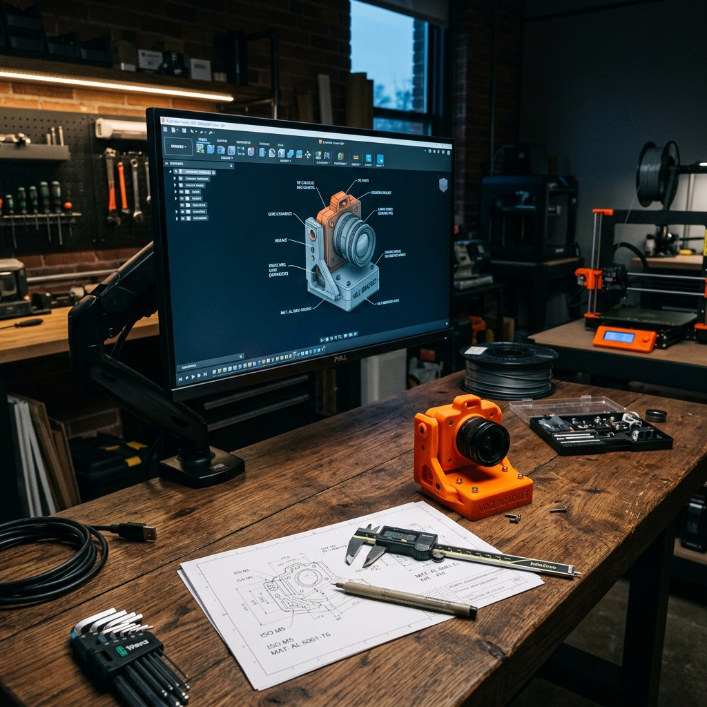 A part being designed on screen next to measuring tools in the workshop