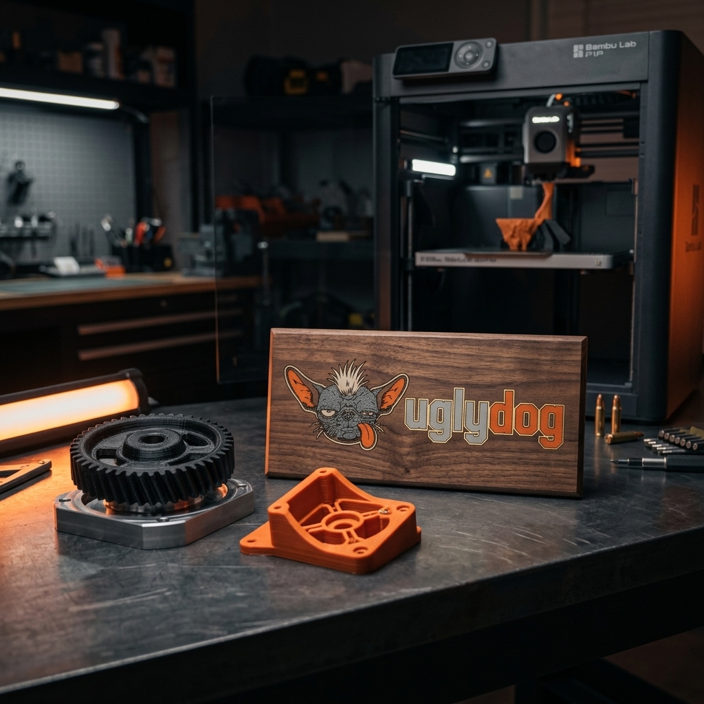 A collection of 3D printed mechanical gears and custom-made brackets sitting on a workshop workbench