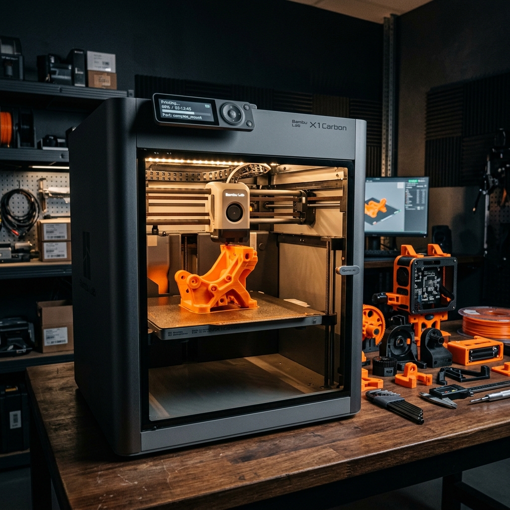A 3D printer building a part in orange plastic inside the workshop