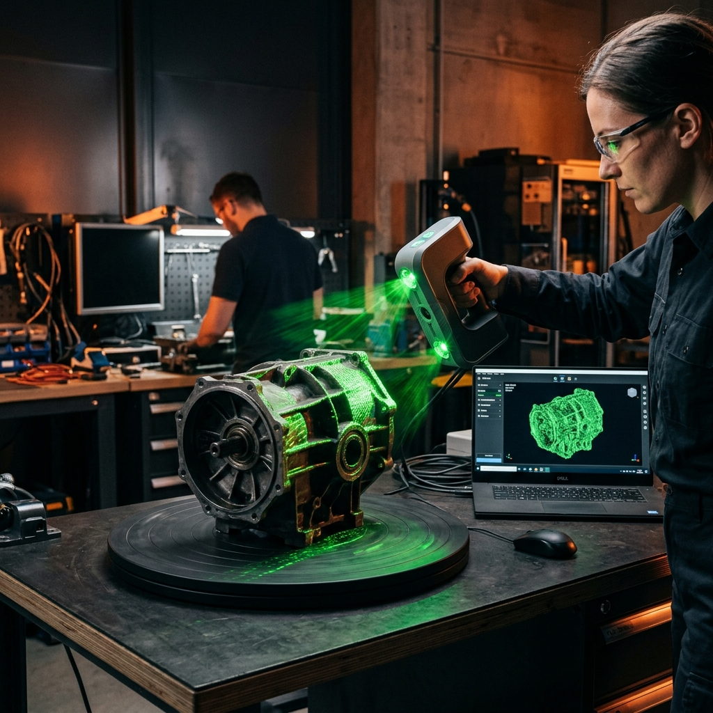 A 3D scanner capturing a part on a rotating turntable in the workshop
