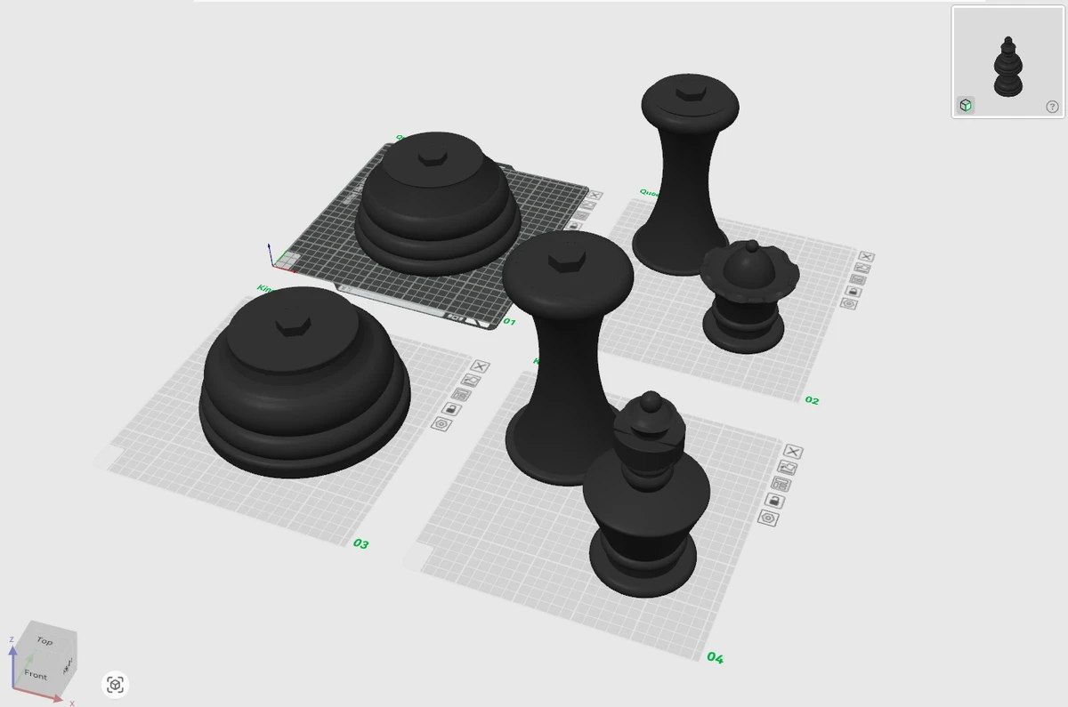 3D CAD slicing software view showing the pieces laid out on printing build plates